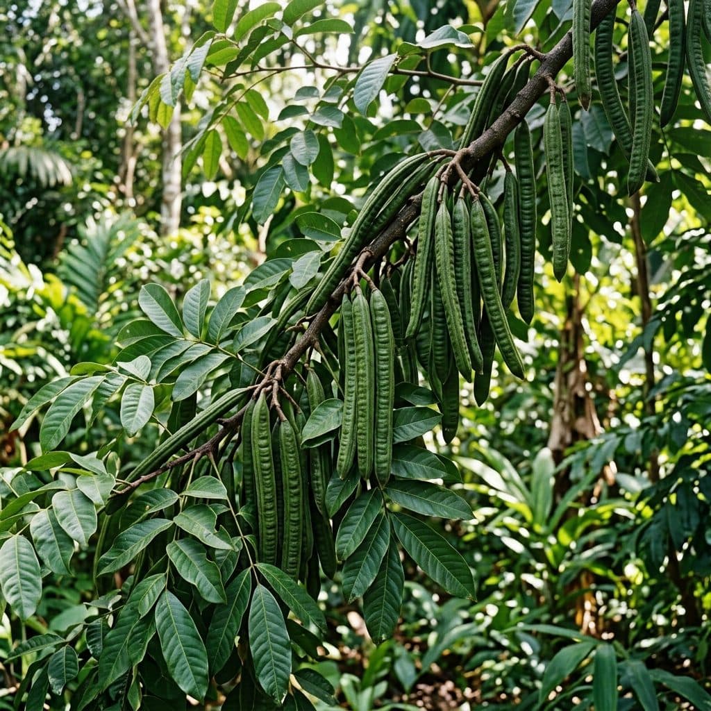 A mature Inga edulis branch laden with long, cylindrical furrowed green seed pods beside large pinnate leaves in a tropical food forest.