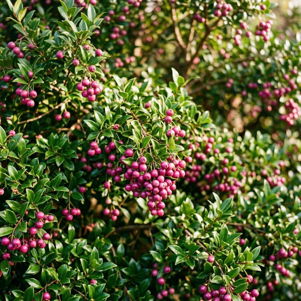 A lush lilly pilly hedge laden with clusters of vibrant magenta-pink berries nestled amongst glossy green foliage in warm morning sunshine.