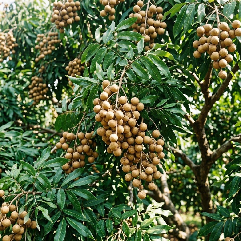 Dense hanging bunches of round, light tan longan fruits nestled amongst dark green, pinnate leaves on a mature Dimocarpus longan tree in a sunny orchard.