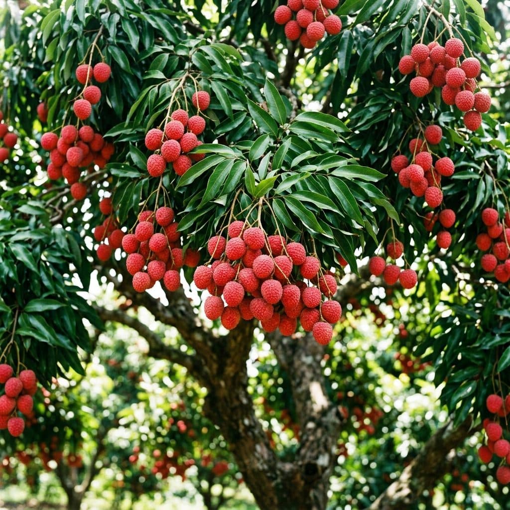 Vibrant clusters of bright strawberry-red lychee fruits hanging beneath the dense, glossy dark-green canopy of a mature Litchi chinensis tree in late spring.