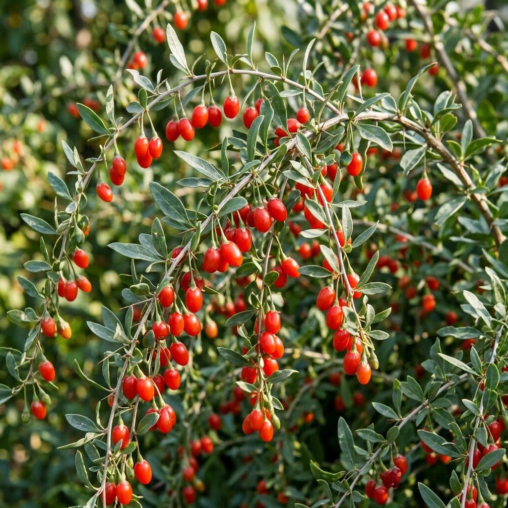 Bright scarlet goji berries dangling from arching thorny branches alongside narrow gray-green leaves in late summer sun.
