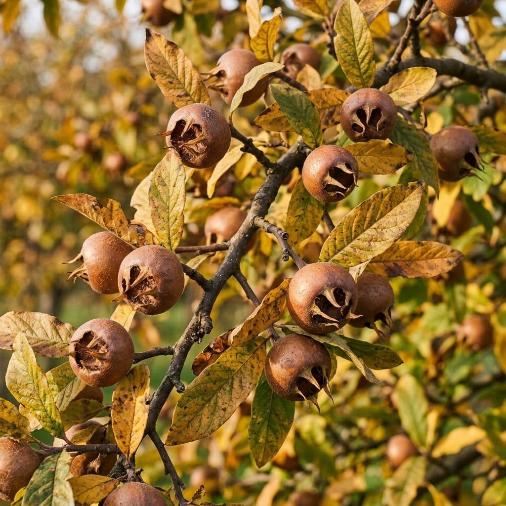 A gnarly medlar tree branch with russet-brown open-calyxed fruits and golden autumn foliage in soft late-autumn sunlight.