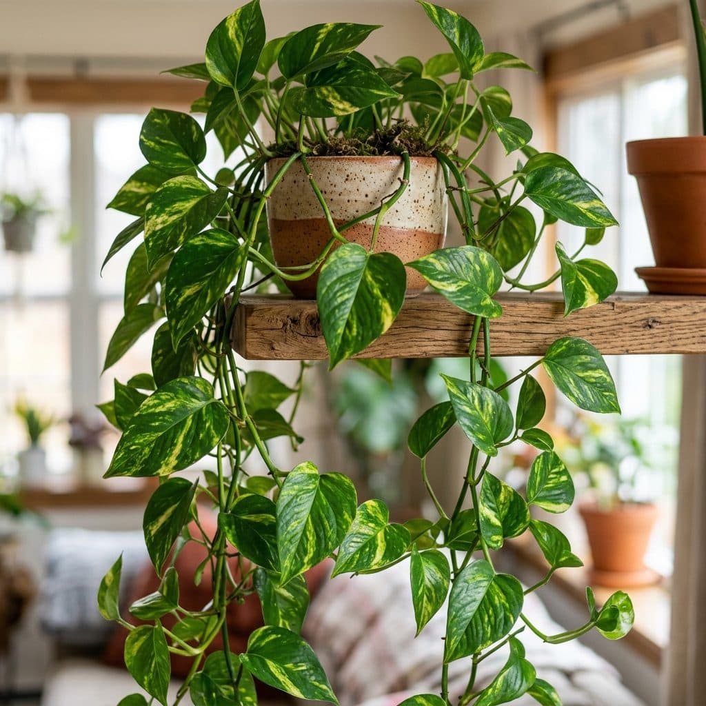 A vigorous money plant vine in a ceramic pot with heart-shaped, green and gold variegated leaves trailing down a wooden shelf indoors.