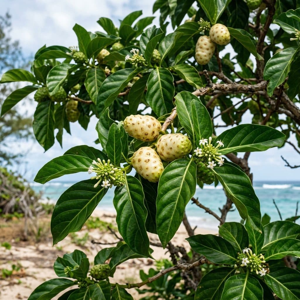 A glossy leathery-leaved noni tree bearing small white tubular blossoms and knobby, pale yellowish-white ripe syncarp fruits in a tropical coastal landscape.