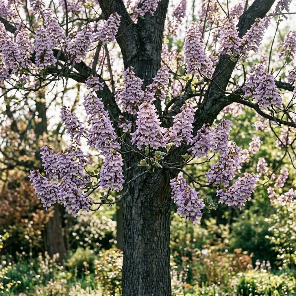 A tall empress tree covered in magnificent upright panicles of fragrant pale violet foxglove-like blossoms before large velvety heart-shaped leaves unfold.