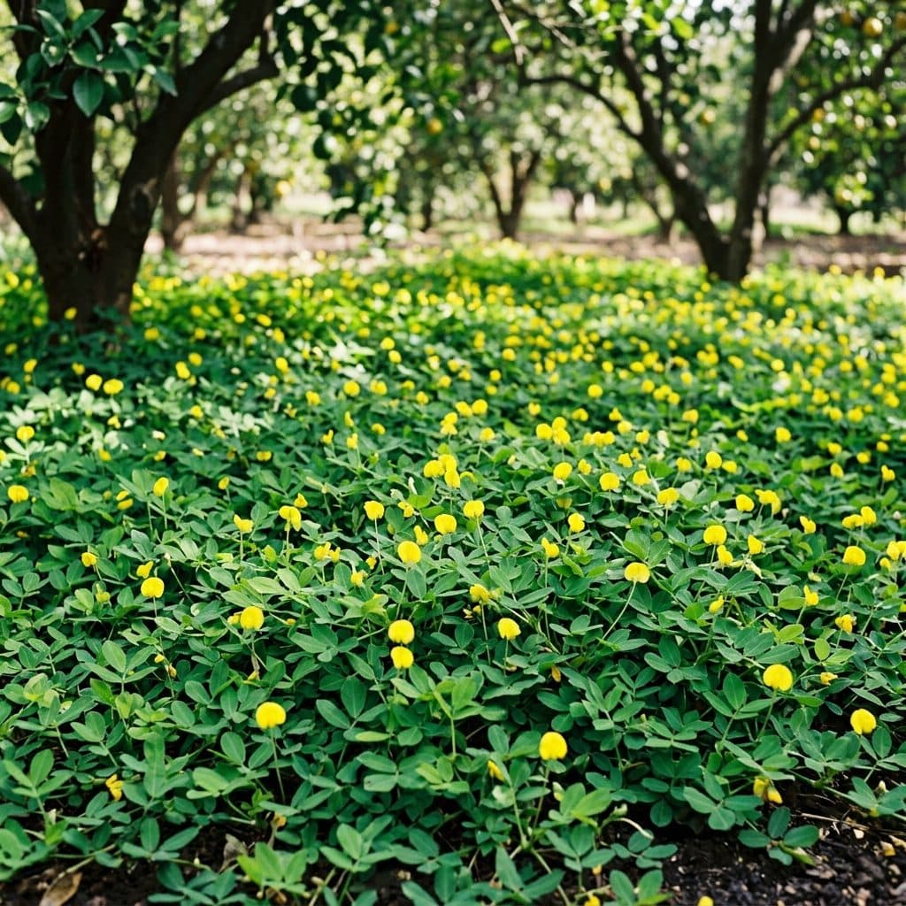 A dense, emerald-green mat of Arachis pintoi ground cover carpeted with bright yellow pea flowers spreading beneath the canopy of an orchard.