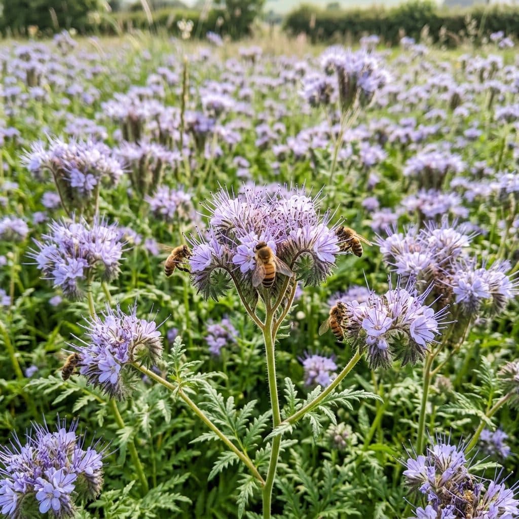 A vibrant field of blooming lacy phacelia with curled lavender-blue flower spikes buzzing with foraging honeybees in soft morning light.