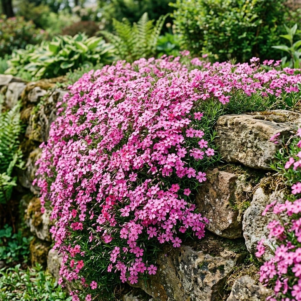 A dense, cascading mat of vibrant pink and magenta creeping phlox blossoms blanketing a natural stone retaining wall in spring.