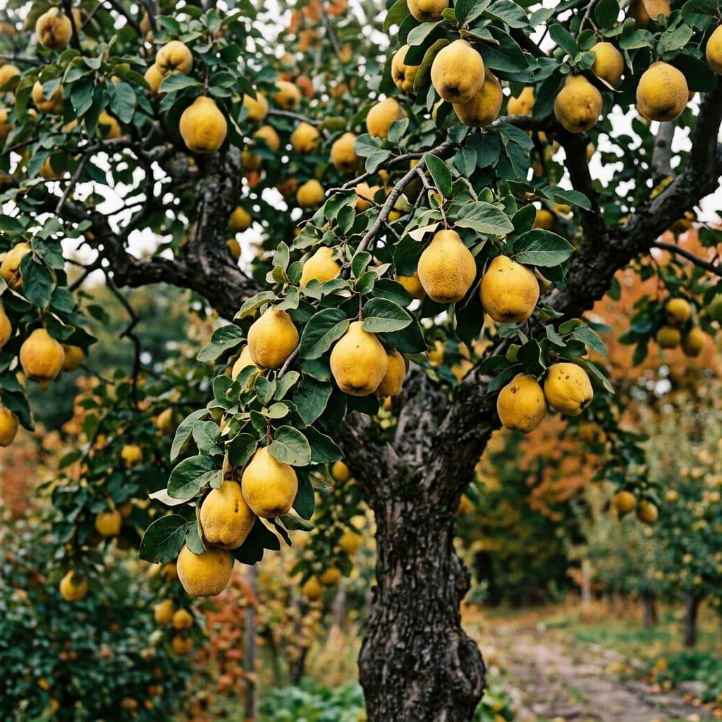 A picturesque, gnarled quince tree bearing heavy, fragrant golden-yellow pear-shaped quinces among dark green foliage in an autumn garden orchard.