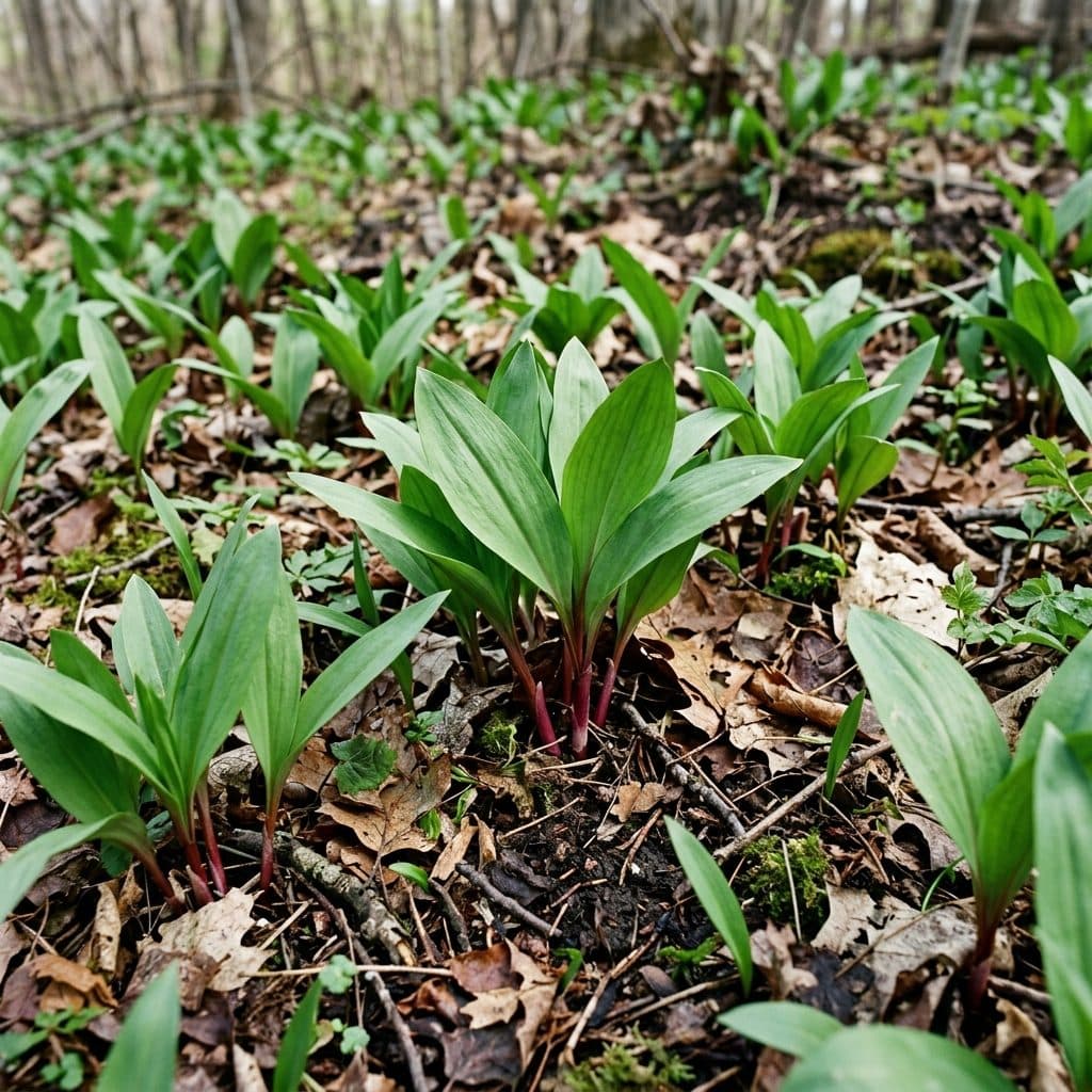 A dense carpet of broad, emerald-green wild leek leaves with reddish-purple stem bases emerging through leaf litter on a deciduous forest floor in spring.