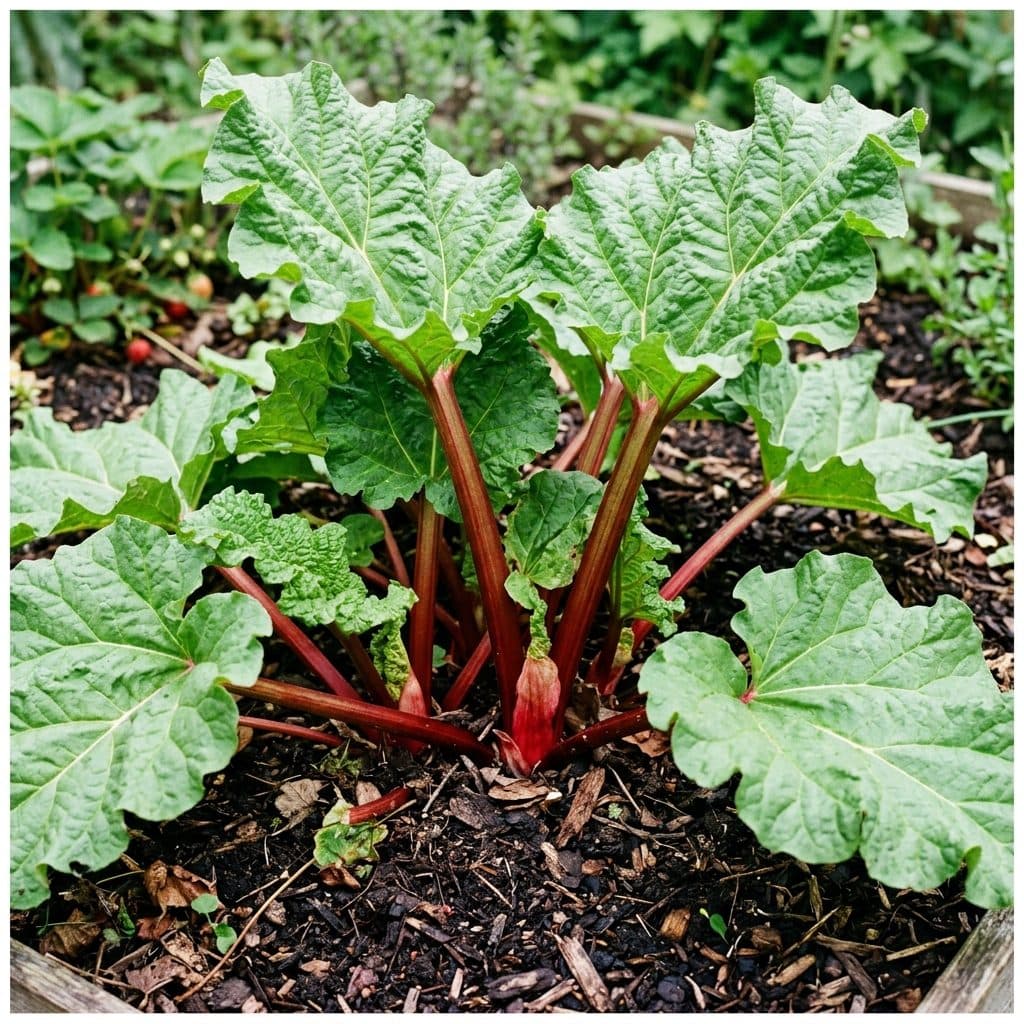 Thick crimson rhubarb stalks topped with broad crinkled green leaves growing vigorously in a rich, compost-mulched homestead garden bed.
