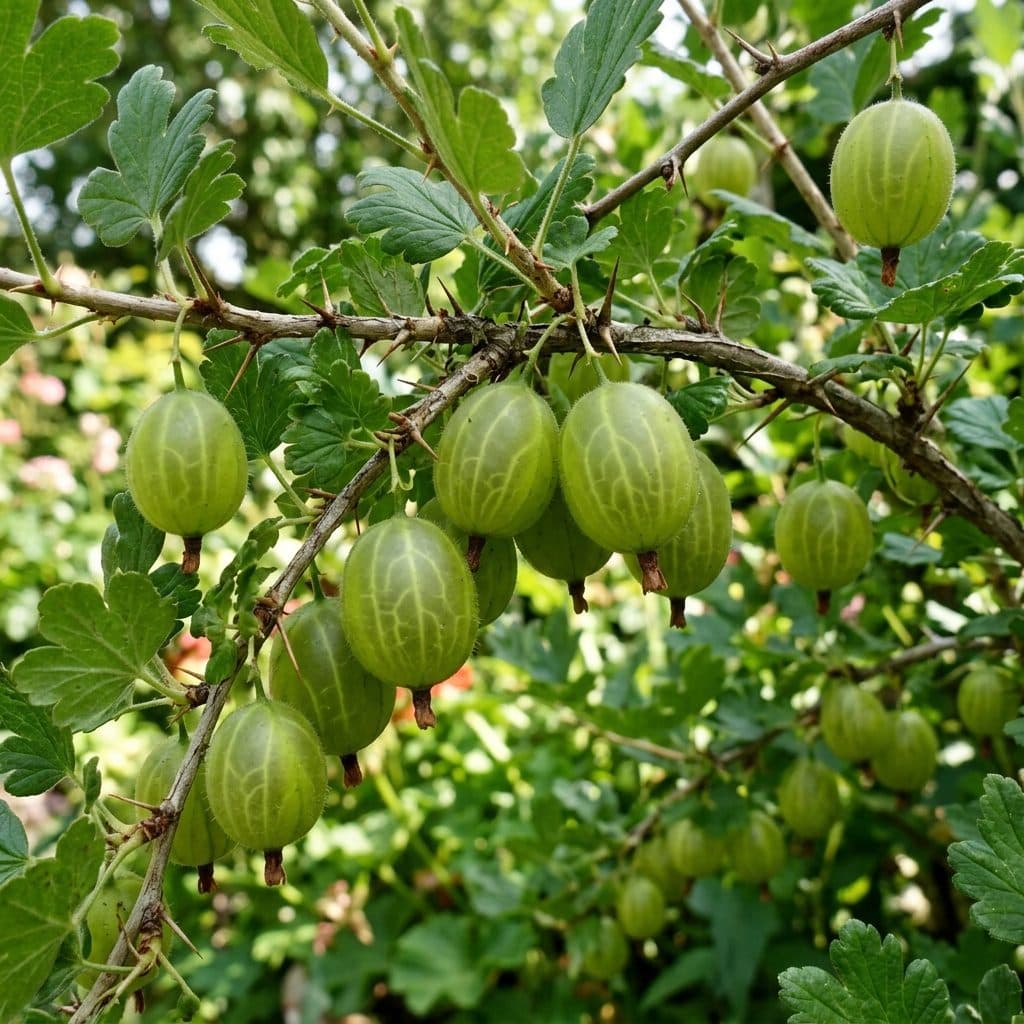 Large translucent green gooseberries with subtle striping hanging beneath spiny branches in an English cottage garden.
