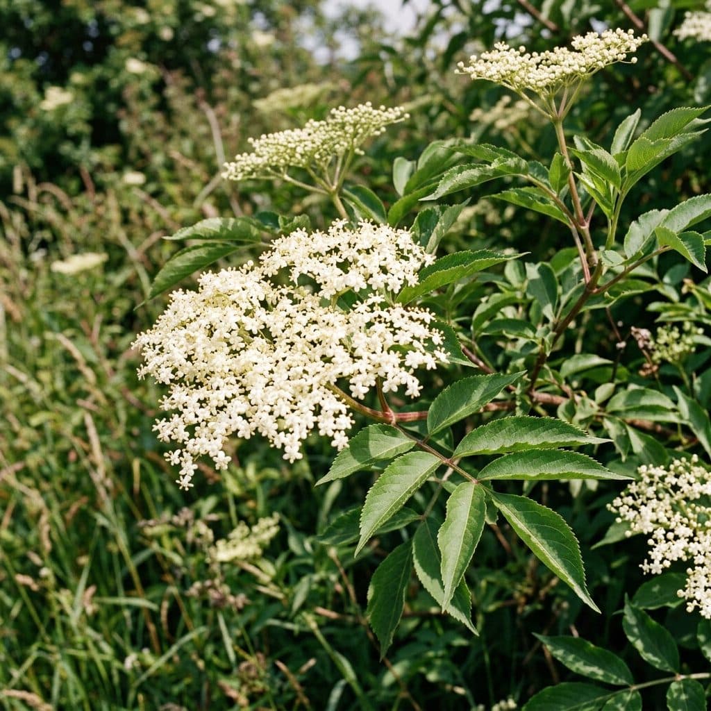A flowering black elderberry bush displaying broad flat clusters of creamy-white blossoms and pinnate green leaves in a sunlit hedgerow edge.