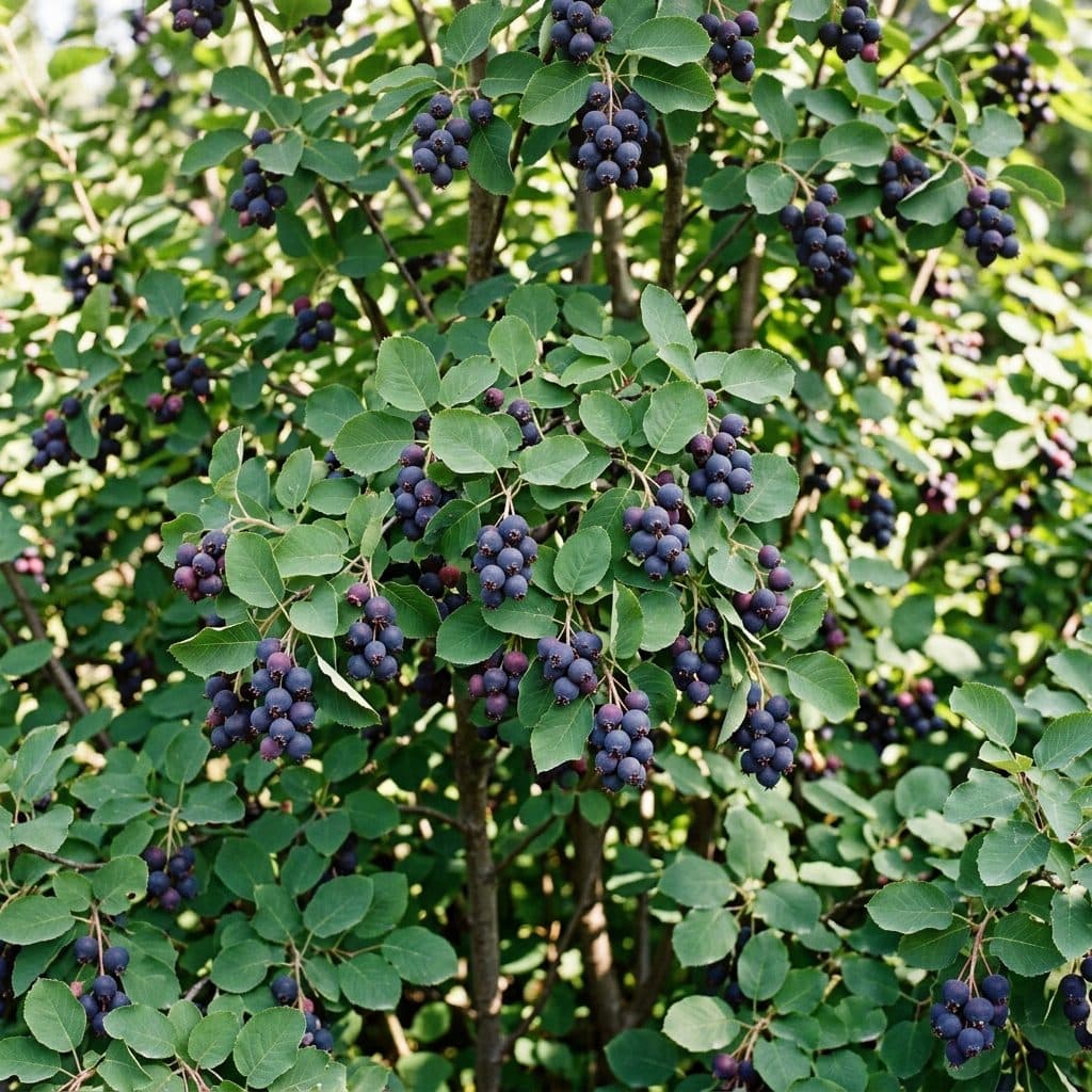 A multi-stemmed Saskatoon serviceberry bush laden with clusters of ripe, deep purplish-blue berries beneath serrated, rounded green deciduous leaves.