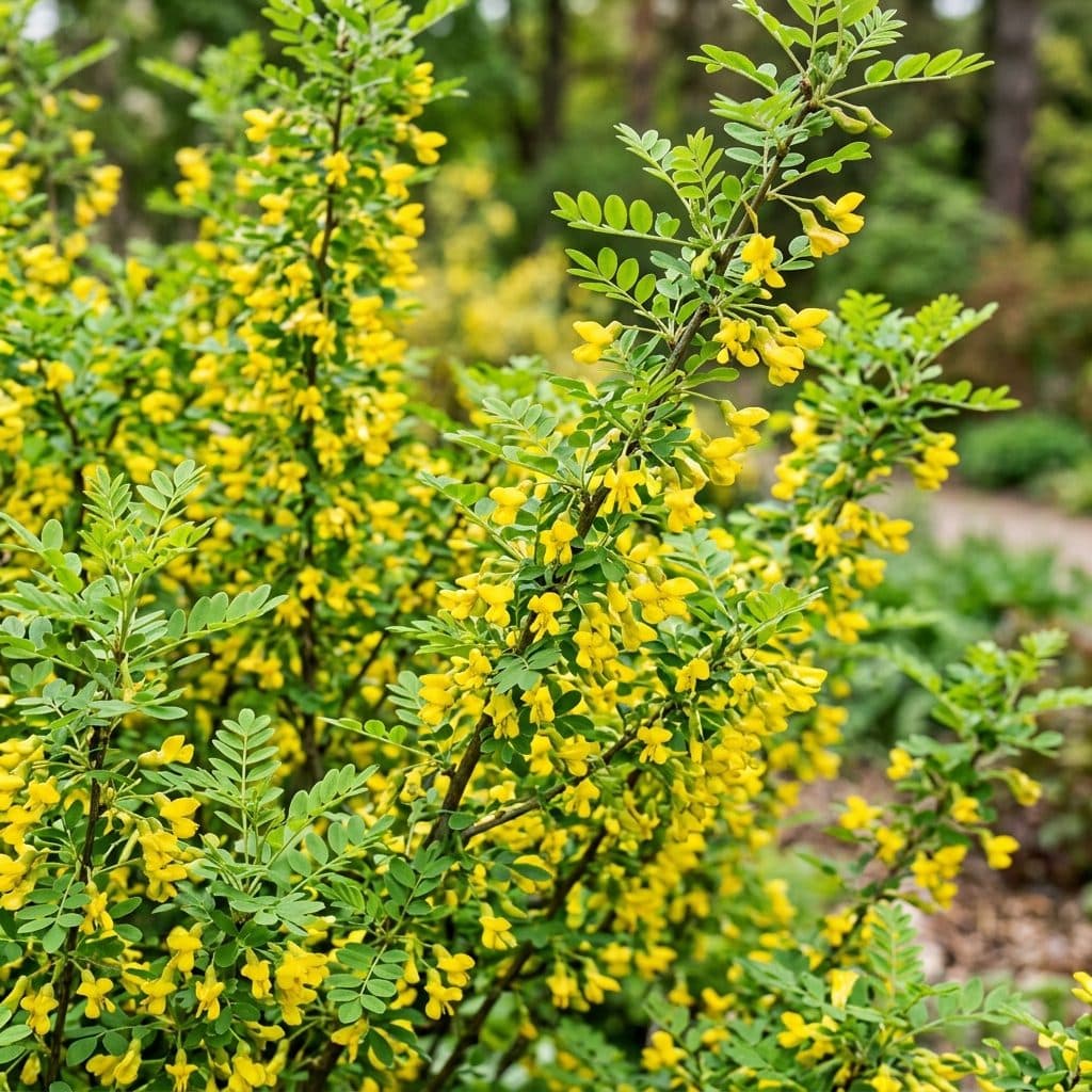 A sturdy Siberian pea shrub in late spring adorned with abundant bright yellow pea-like flowers along upright branches bearing pinnate bright green leaves.