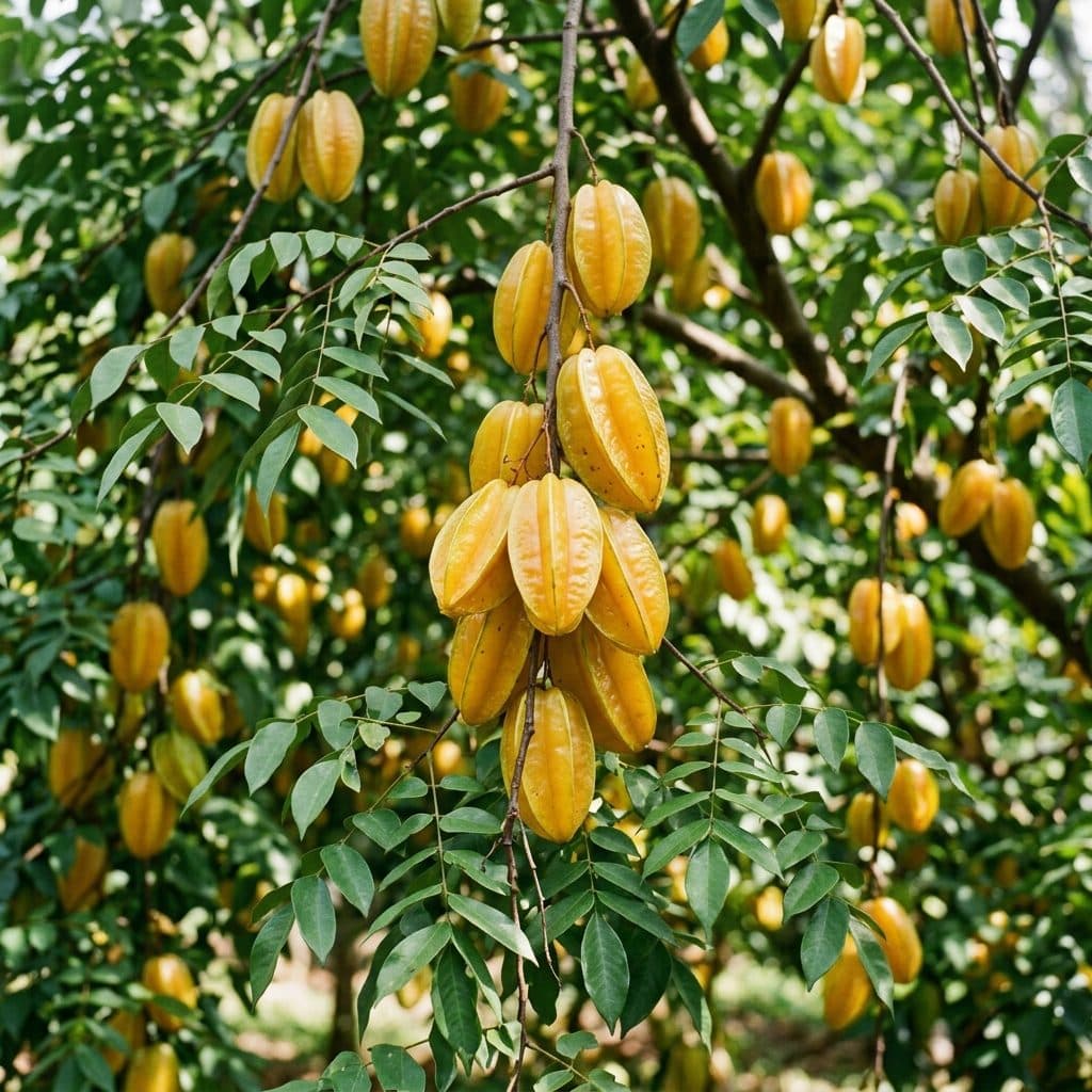 A heavily fruiting star fruit tree laden with translucent golden-yellow, five-ribbed carambolas hanging among drooping, delicate pinnate leaves.