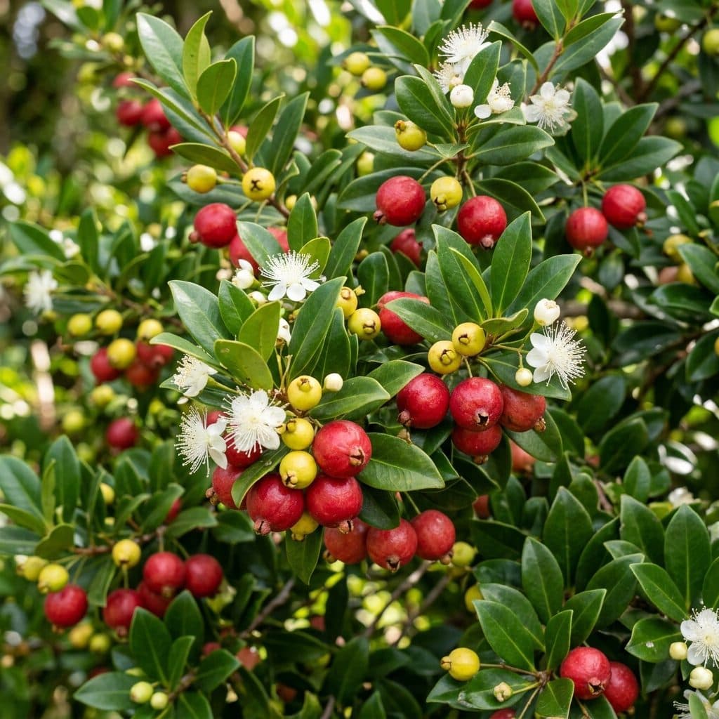 A fruiting strawberry guava shrub displaying glossy leathery foliage, white myrtle blossoms, and dense clusters of ripe cherry-red and yellow berries.