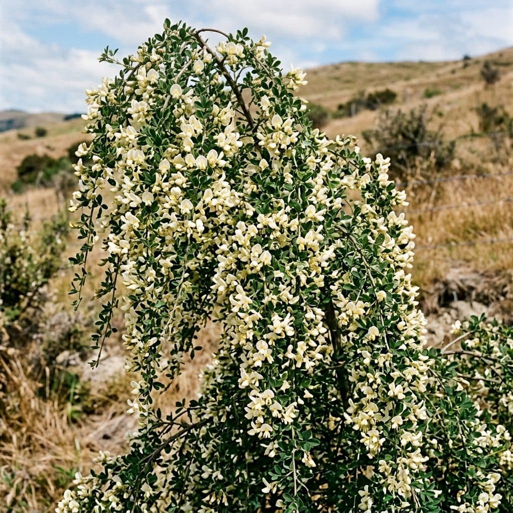 A weeping Tagasaste tree lucerne shrub laden with creamy-white pea flowers and dense trifoliate leaves on a sunlit dry pasture hillside.