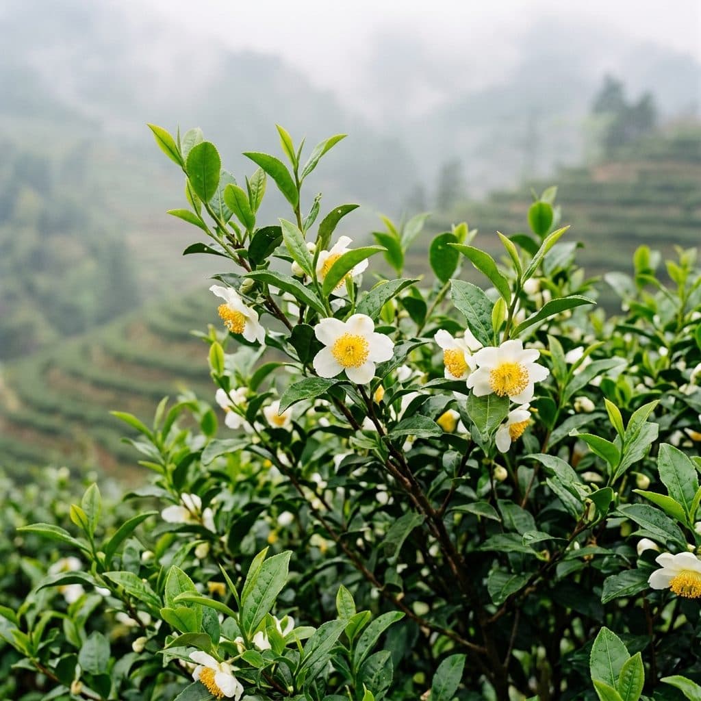 A vibrant green tea plant showing fresh spring leaf flushes and delicate white blossoms with golden stamens growing on a misty hillside terrace.