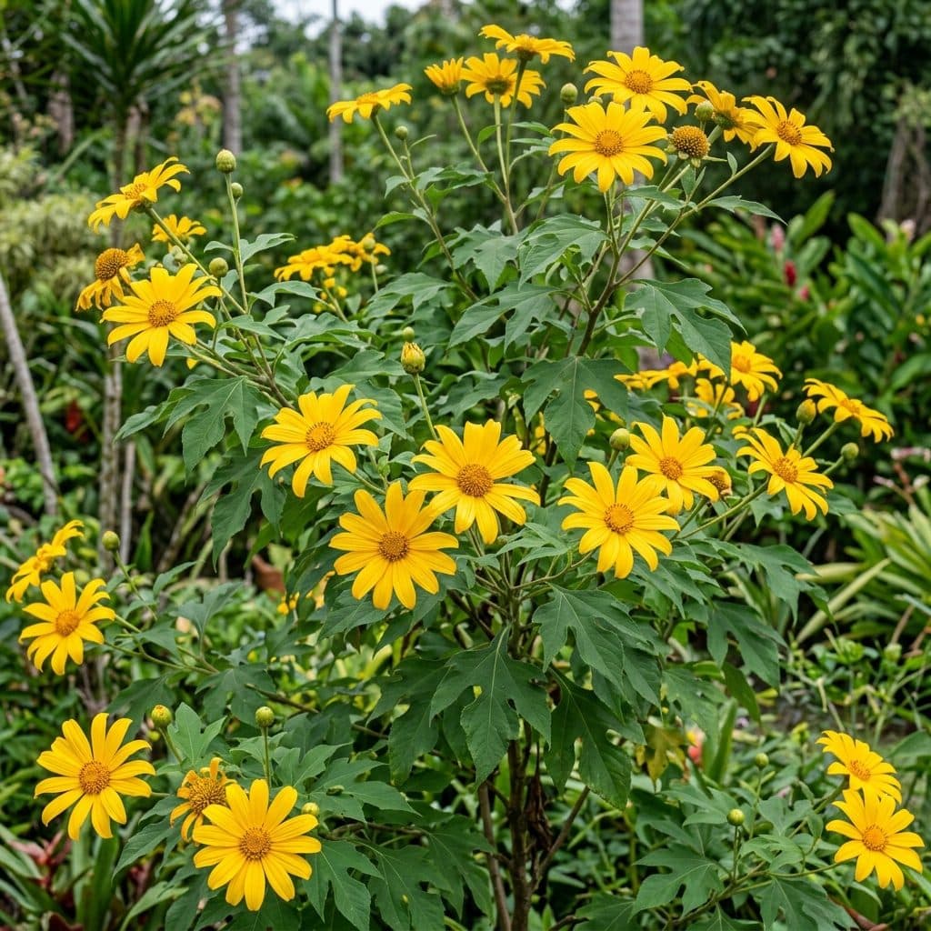 A towering Tithonia diversifolia shrub bearing brilliant golden-yellow daisy-like flowers amidst lush, deeply lobed green leaves in a tropical garden.