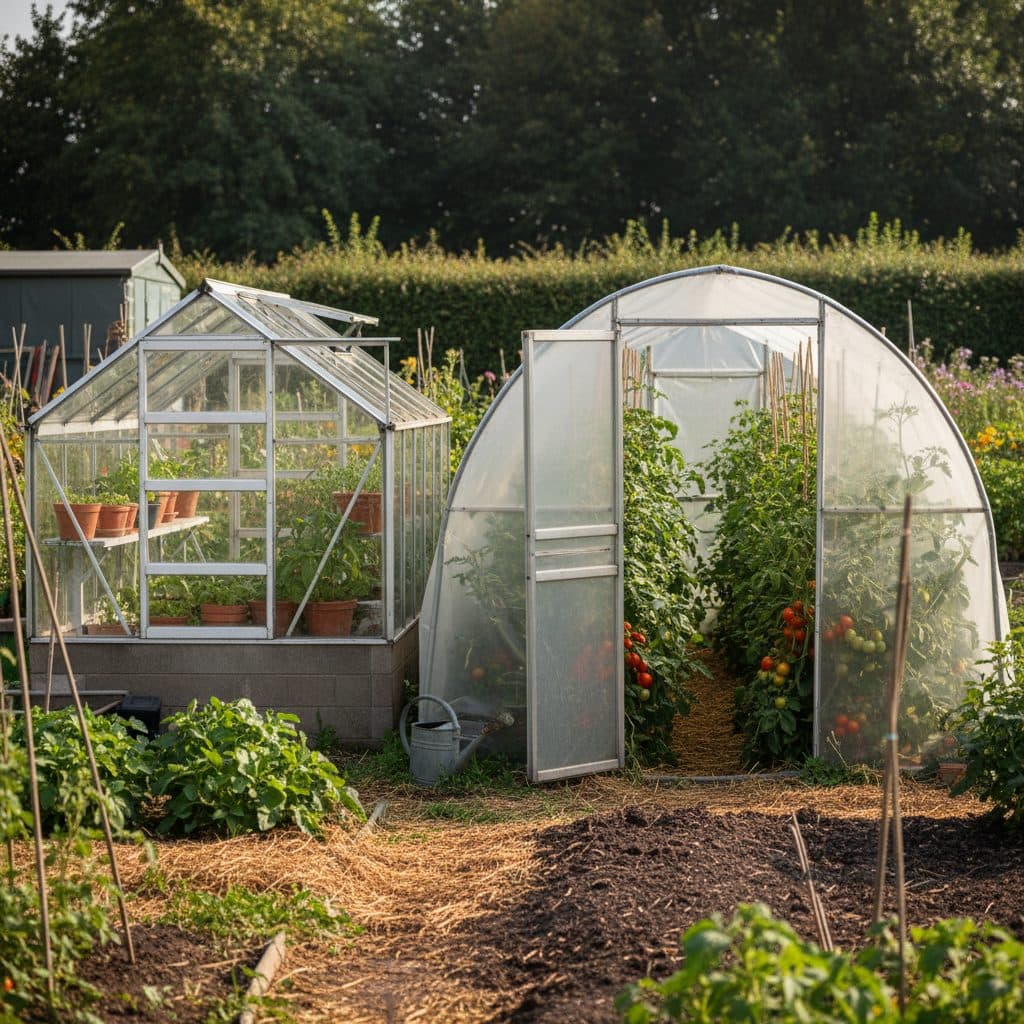 A side-by-side view on a British allotment comparing a clear glass traditional greenhouse with an arched polytunnel filled with summer tomatoes.