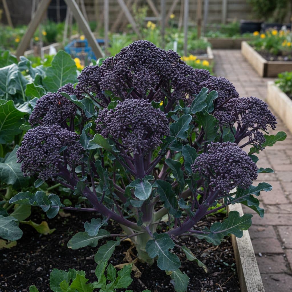 A mature purple sprouting broccoli plant in a UK garden bed with abundant, vibrant purple spears ready for harvesting in early spring.