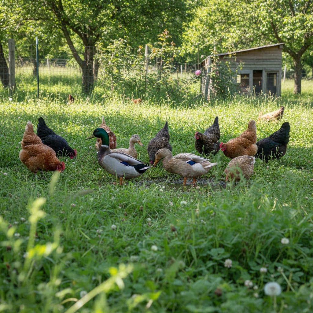 A mixed flock of heritage laying hens and colorful Rouen and Khaki Campbell ducks foraging together peacefully in a lush green pasture run.