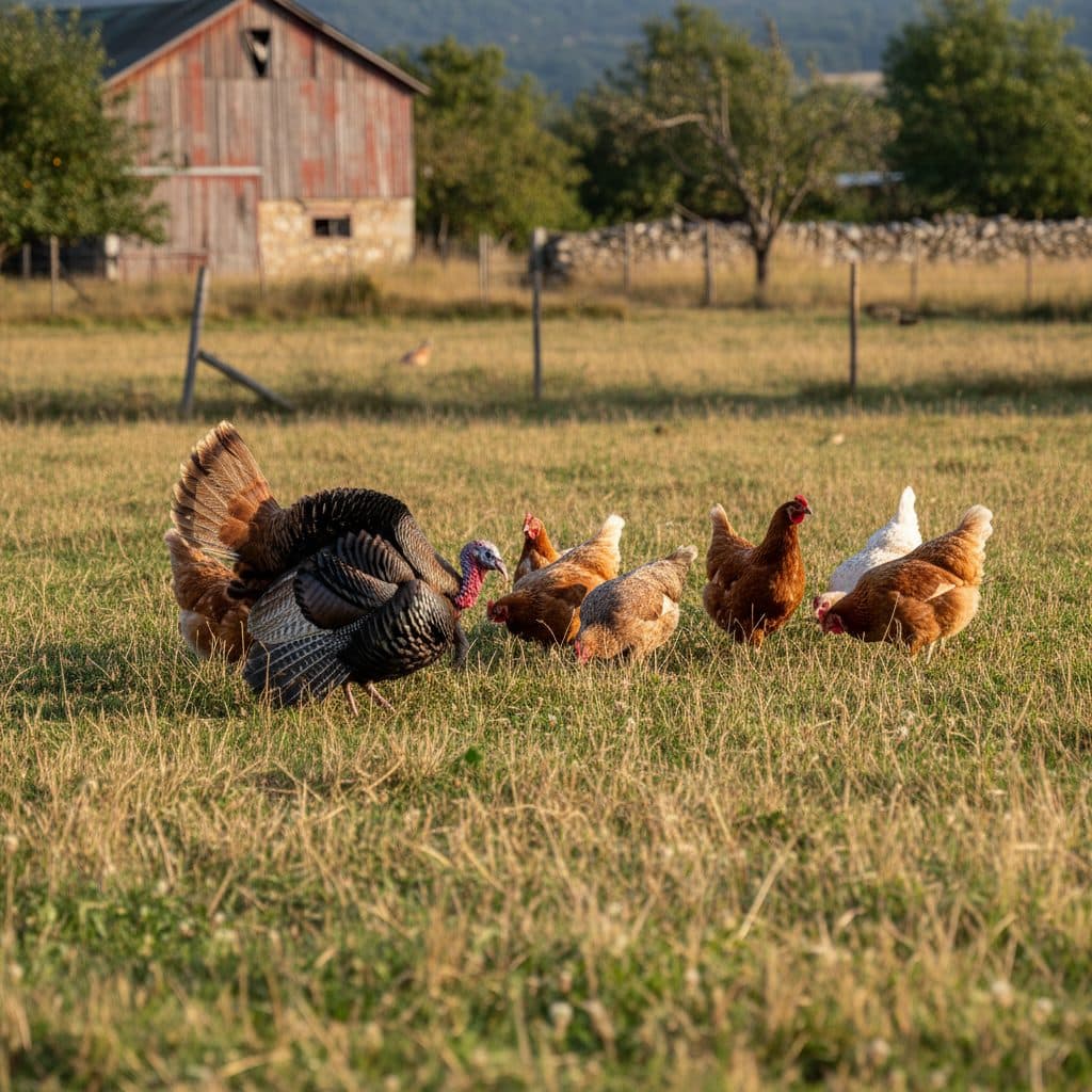 A flock of heritage bronze turkeys and laying hens foraging together on a wide, dry green pasture on a rural homestead.