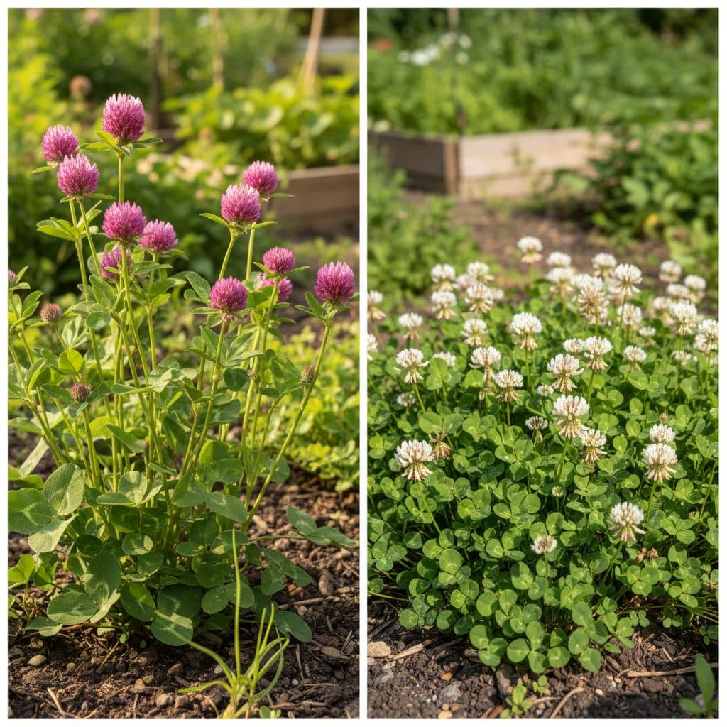 A vibrant side-by-side comparison of upright flowering pink red clover alongside low creeping white clover ground cover in an organic garden.