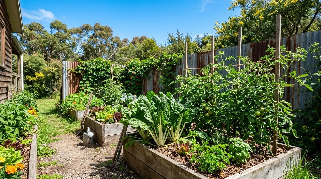 A sun-drenched Australian backyard vegetable garden in spring featuring wooden raised beds with silverbeet and tomato plants under a clear sky.