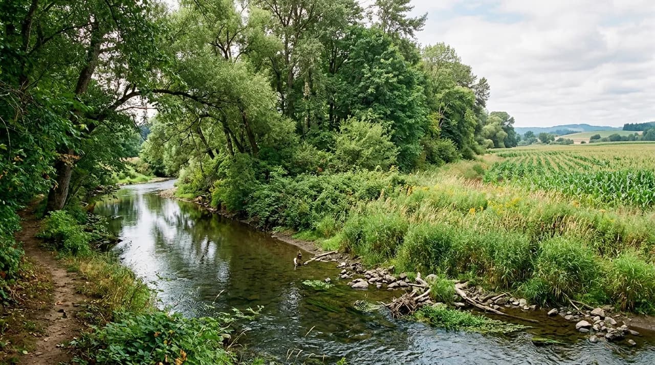 A multi-zone riparian forest buffer with native trees stabilizing a riverbank beside a shrub belt and grass filter strip bordering agricultural fields.