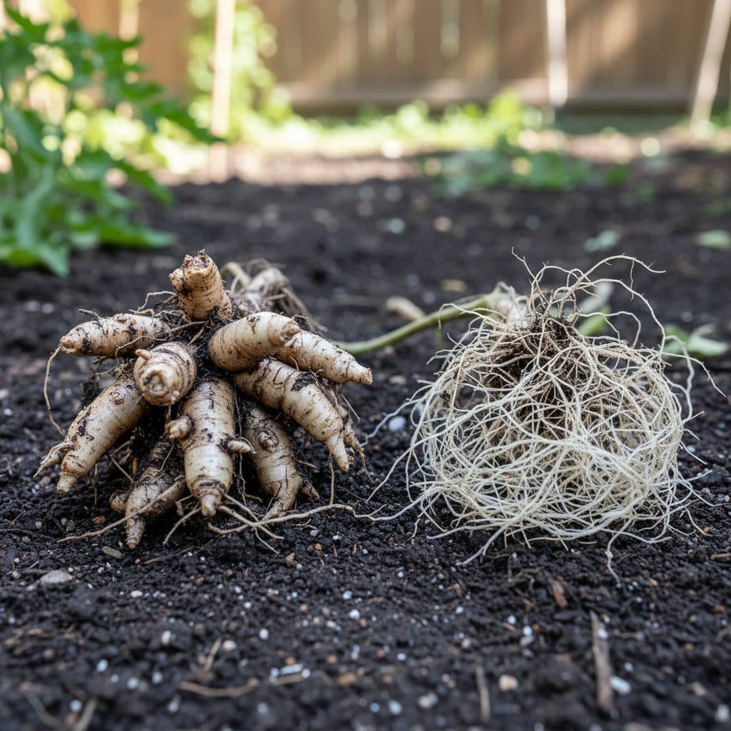 Uprooted tomato plant roots showing severe swollen, distorted root-knot nematode galls compared alongside healthy fibrous roots.