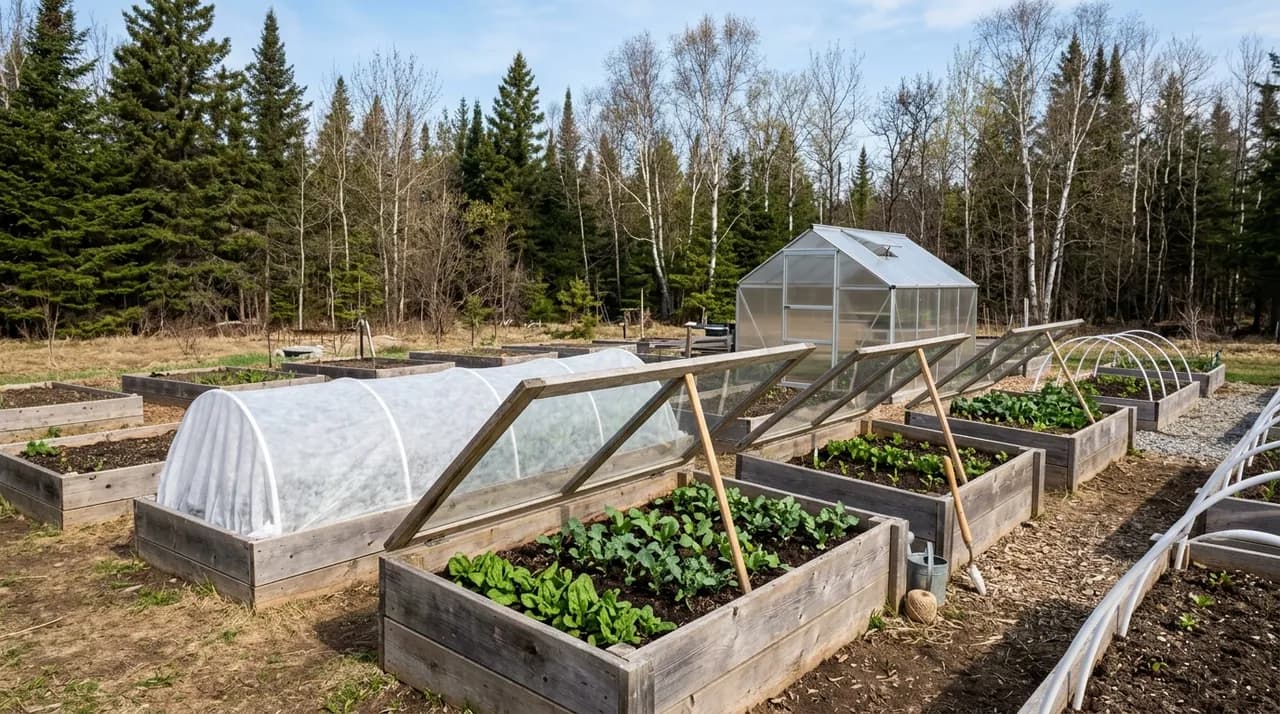 A Canadian backyard vegetable garden in early spring featuring raised wooden beds with open glass-lidded cold frames, fabric-covered low tunnel hoops, and an unheated greenhouse surrounded by northern trees.