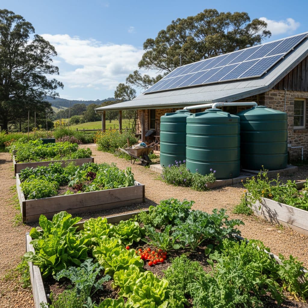 A productive rural homestead garden with raised vegetable beds, rainwater collection tanks, and solar panels beside a country home.