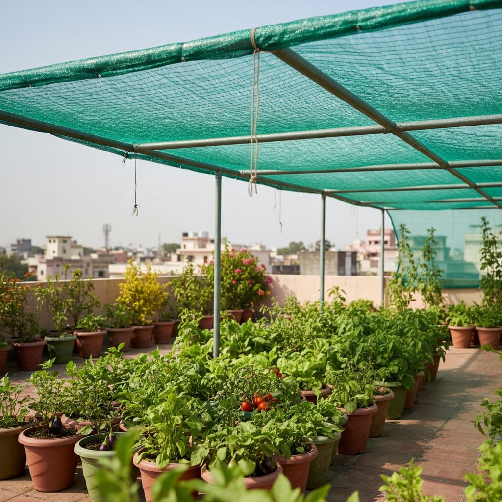 A green shade net stretched securely over a galvanised pipe frame protecting lush potted vegetables on an Indian rooftop terrace garden.