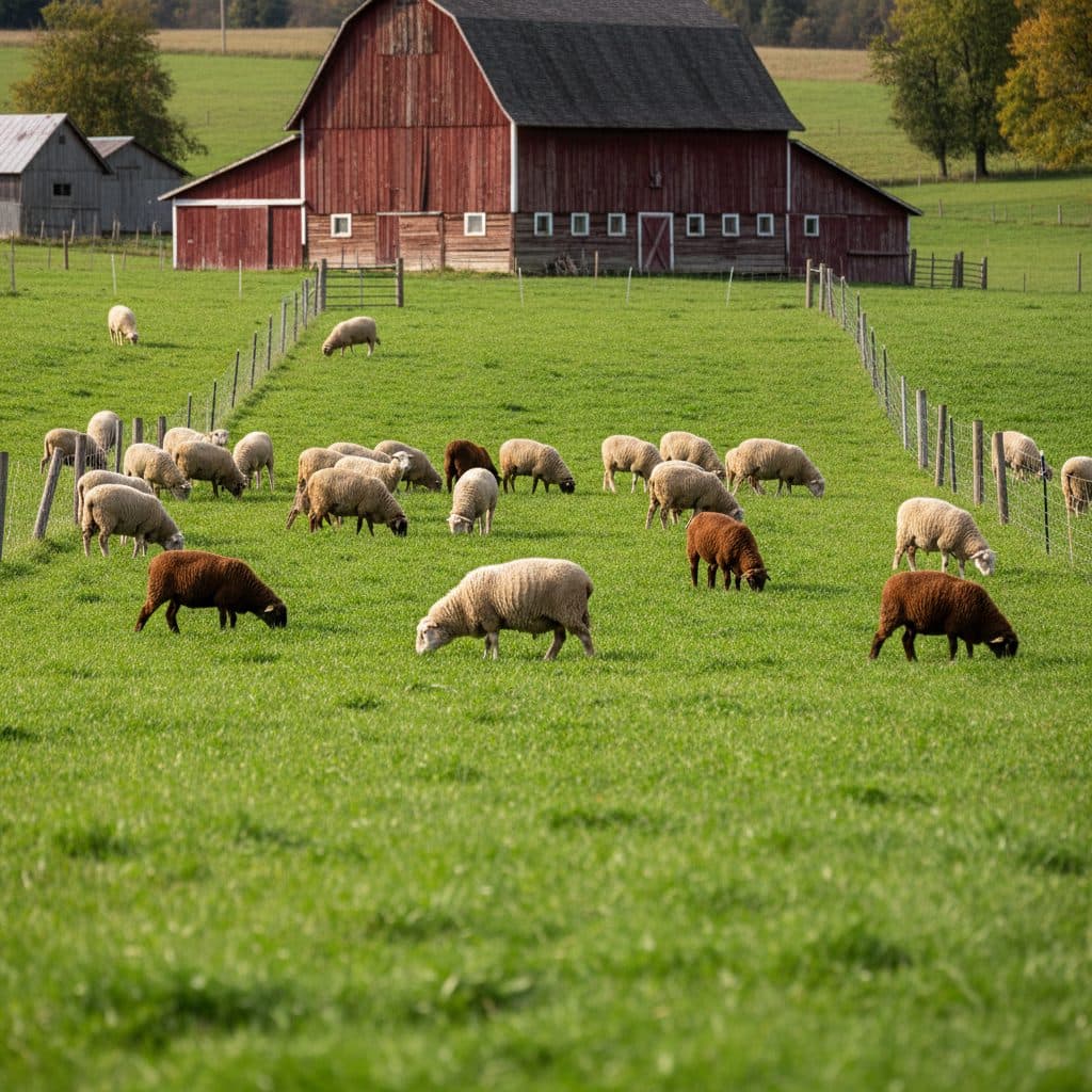 A flock of hardy Rideau Arcott and Katahdin sheep grazing on lush green rotational pasture with a red timber livestock barn in rural Ontario.