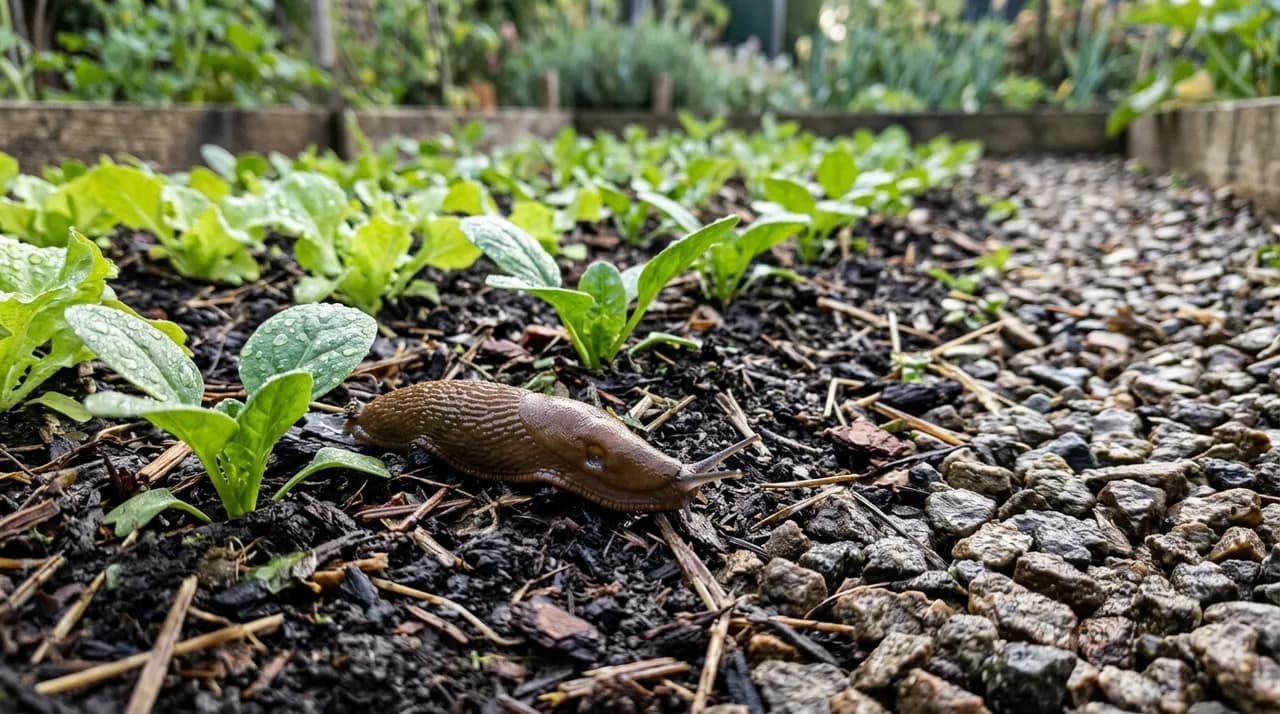 A close-up photograph of a garden slug crawling over damp soil and gravel mulch in a British vegetable bed beside young leafy seedlings.
