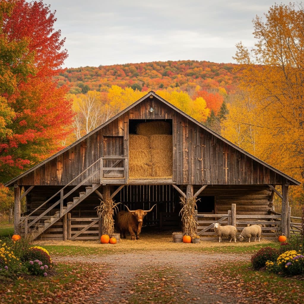 A well-built timber pole barn on a Canadian homestead in autumn, featuring animal stalls, a central breezeway, and an upper hayloft.