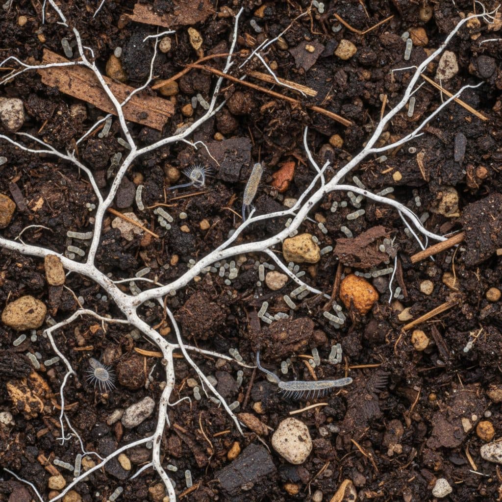A microscopic view of healthy garden soil showing fungal hyphae, beneficial bacteria, protozoa, and soil organic matter.
