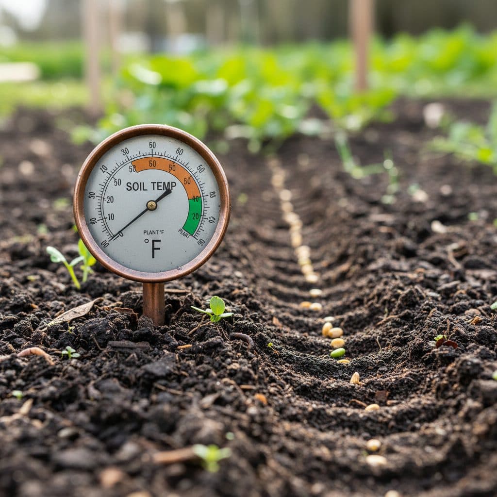 A metal dial soil thermometer inserted deep into rich dark garden soil beside freshly sown seed rows in early spring.