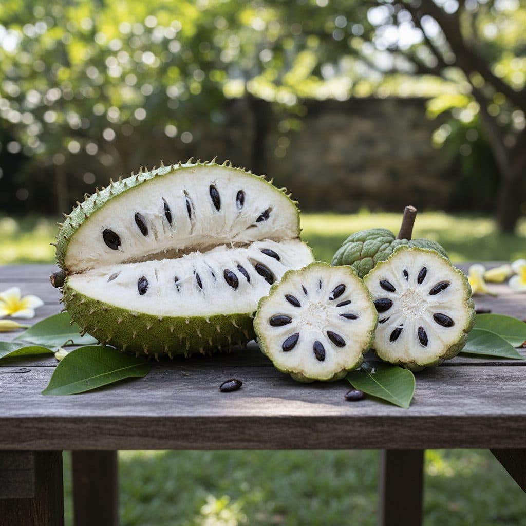 A side-by-side display of a large spiky oblong soursop and a small knobby segmented green sugar apple cut open to reveal white creamy pulp.
