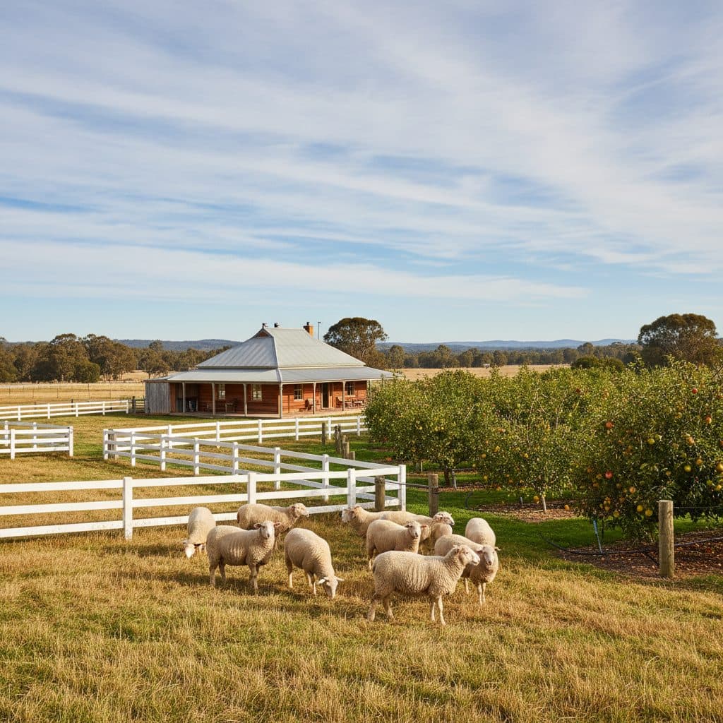 An Australian hobby farm landscape with a timber homestead, fenced paddocks with grazing sheep, and a productive orchard under blue skies.