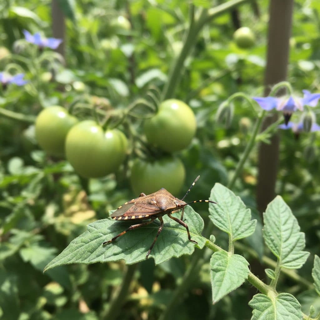 A brown marmorated stink bug resting on a green tomato leaf in an organic vegetable garden.
