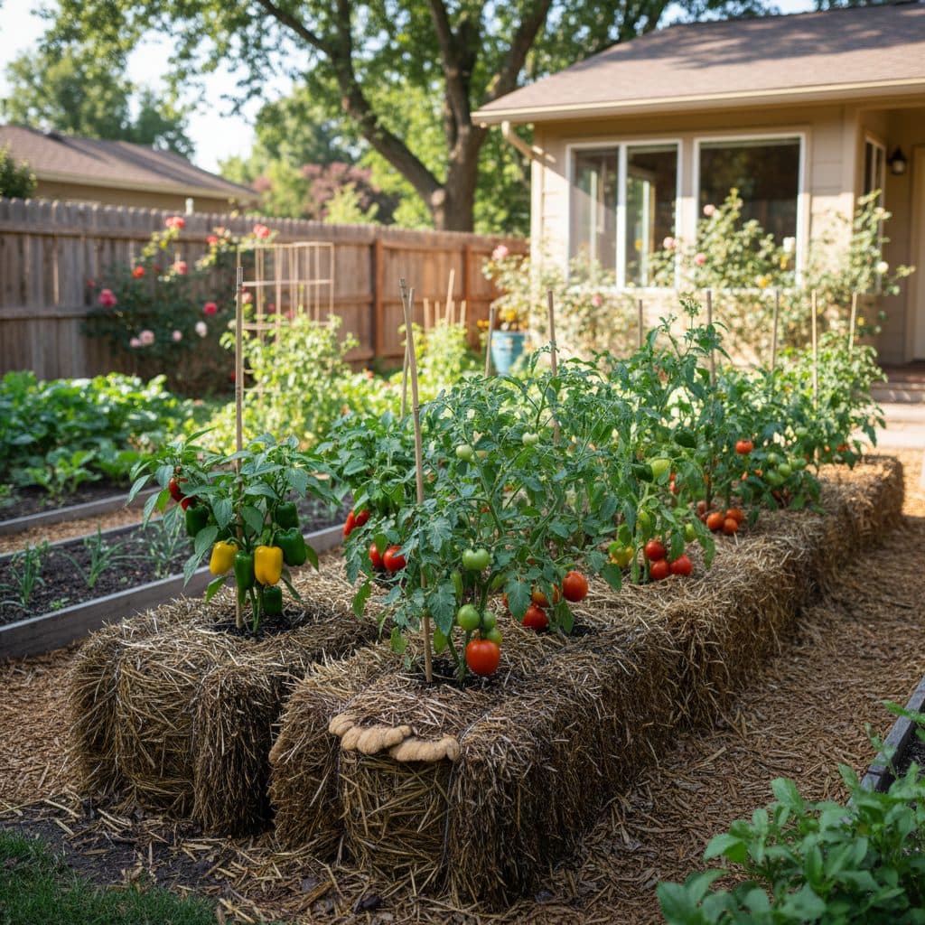 A neat row of conditioned straw bales in a backyard garden, with healthy tomato and pepper plants growing directly out of the top of the decomposing bales.