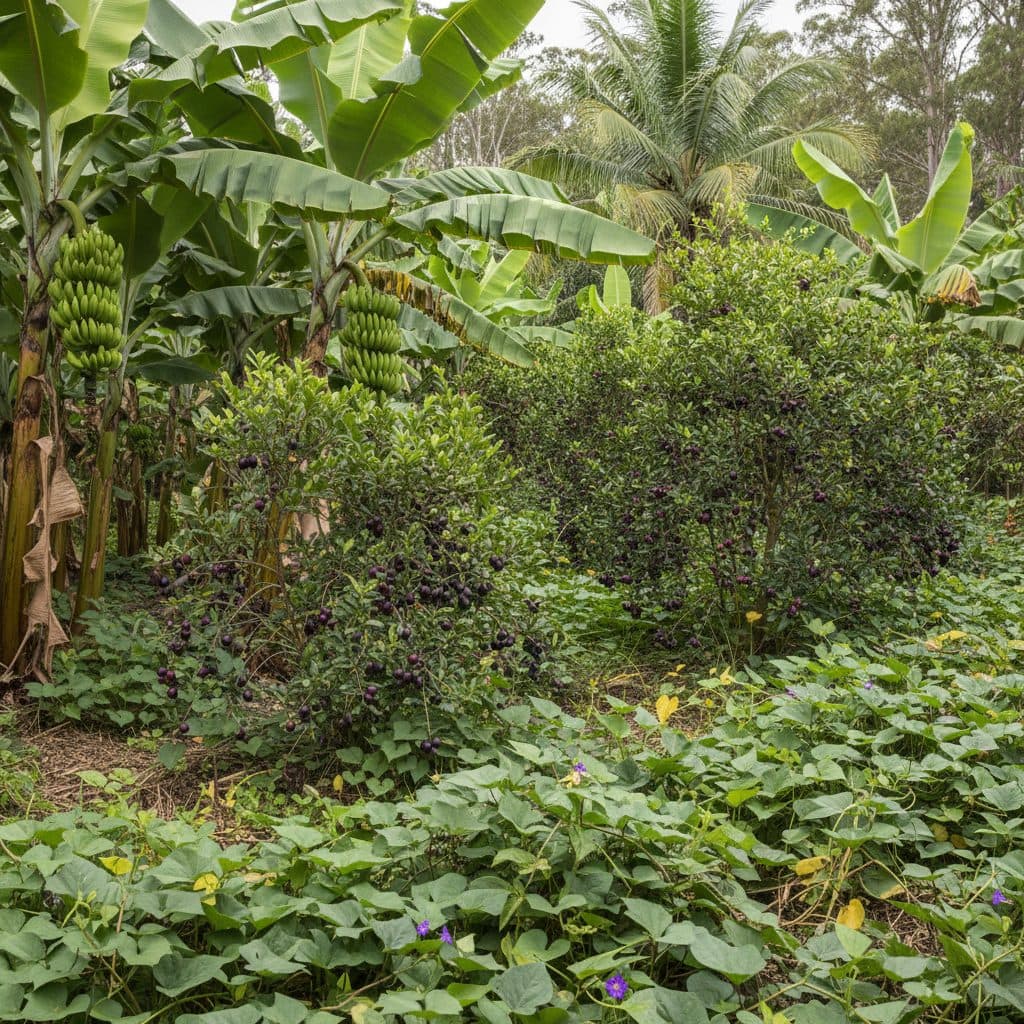 A multi-layered subtropical food forest in northern New South Wales featuring bananas, jaboticaba, and sweet potato ground cover.
