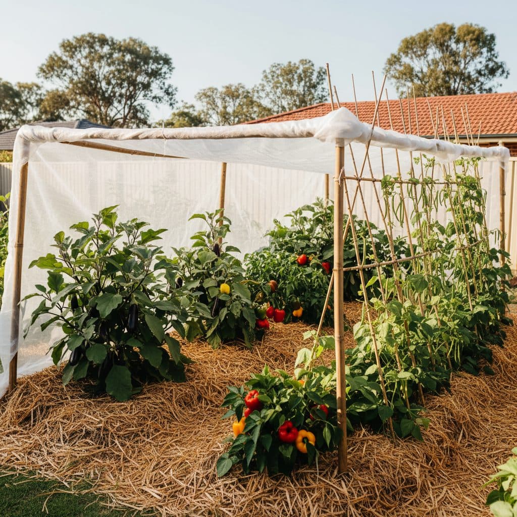 A sunlit Australian backyard veggie patch fitted with shade cloth, sugar cane mulch, and lush heat-hardy eggplants, capsicums, and climbing beans.