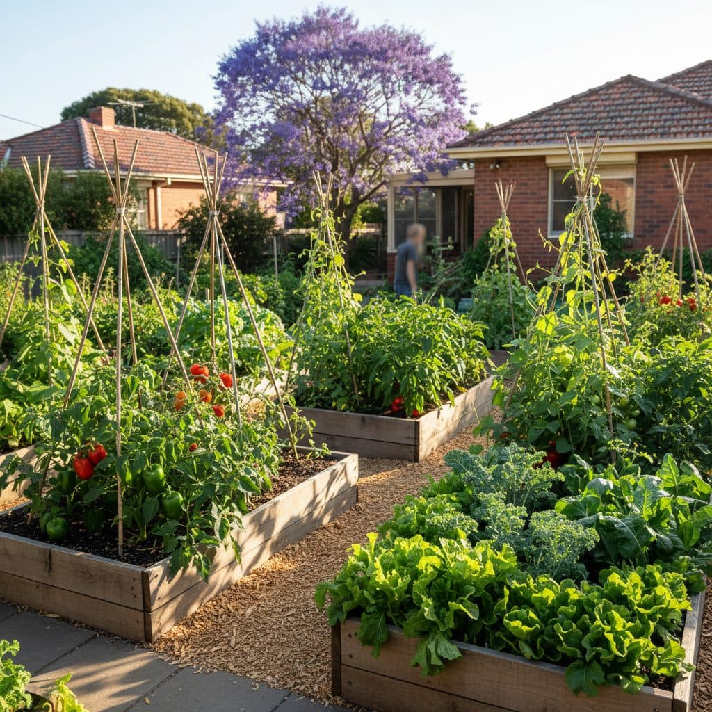 A sun-drenched suburban Sydney backyard vegetable garden filled with flourishing raised beds of tomatoes, capsicums, climbing beans, and leafy greens.