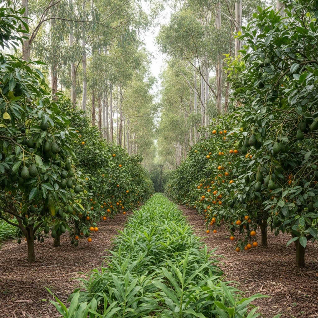 A dense syntropic agroforestry planting showing emergent eucalyptus, high avocado, medium citrus, and low ginger strata flourishing together in rows.