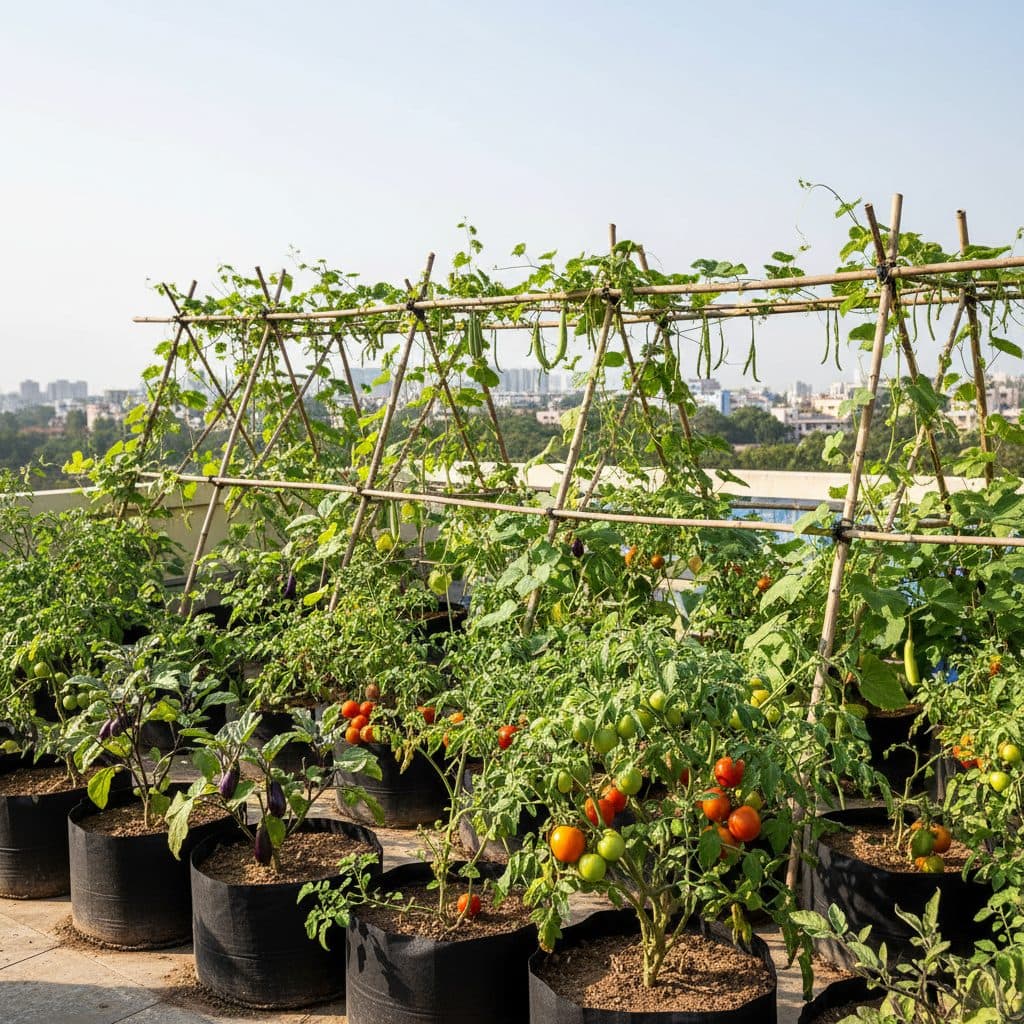 A thriving, green rooftop terrace garden in Bangalore filled with productive grow bags of tomatoes, brinjals, and creepers on a bamboo trellis.