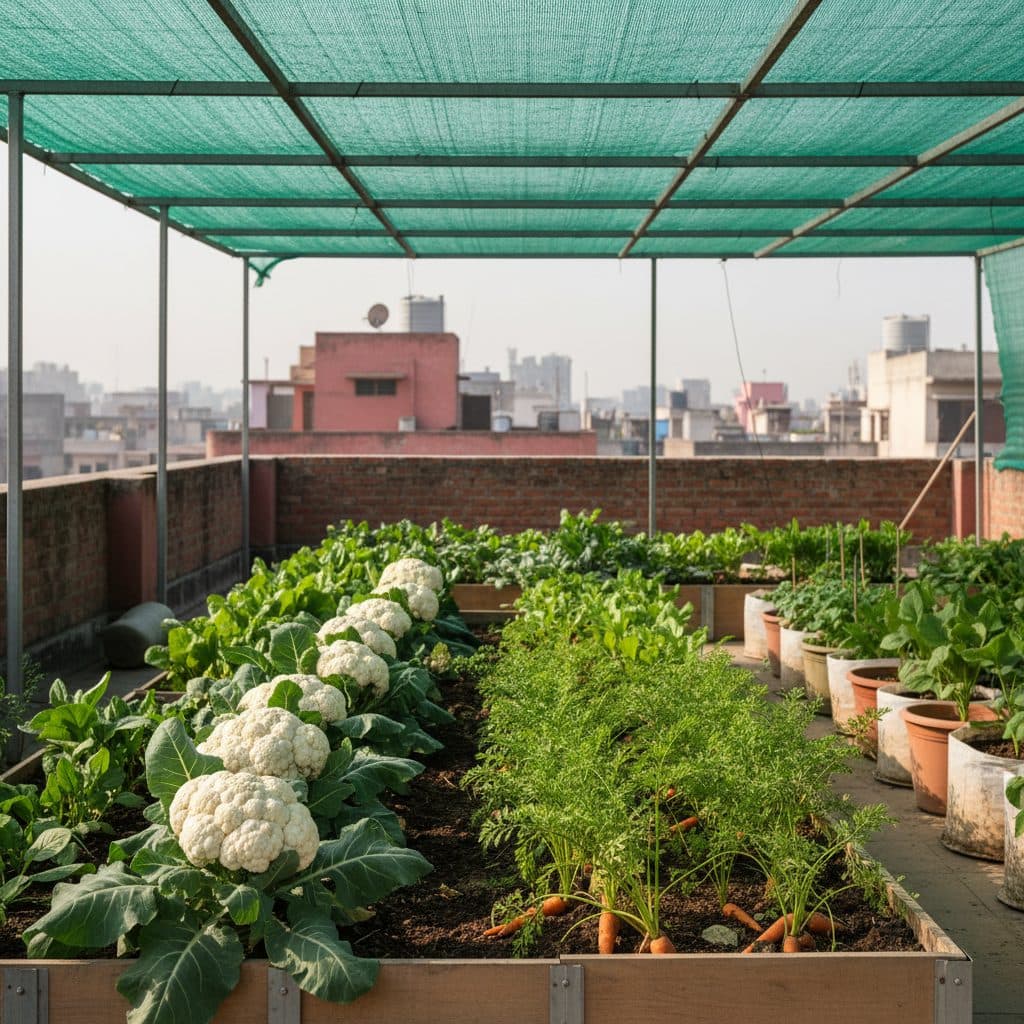 A well-protected rooftop terrace garden in Delhi with green shade nets overhead, producing winter cauliflower, carrots, and potted greens.